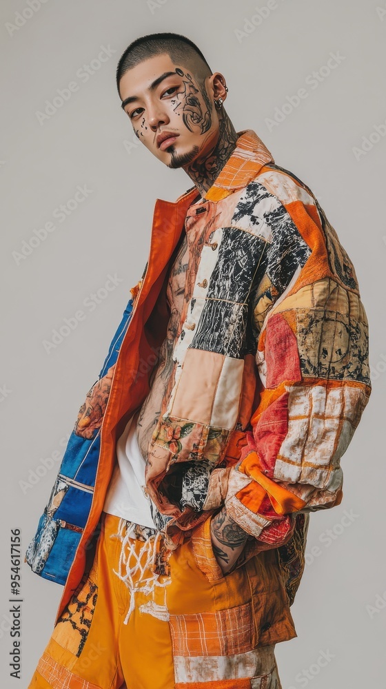 An Asian man showcases a vibrant patchwork jacket paired with loose-fitting pants, exuding a bold fashion sense An Asian man showcases a vibrant patchwork jacket paired with loose-fitting pants, exuding a bold fashion sense