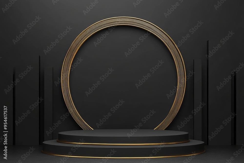 3D black round corner pedestal podium background with golden ring and semi circle wall scene. with generative ai 3D black round corner pedestal podium background with golden ring and semi circle wall scene. with generative ai