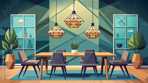 modern dining room with a long wooden table, three geometric pendant lights hanging above, and two black chairs at the table