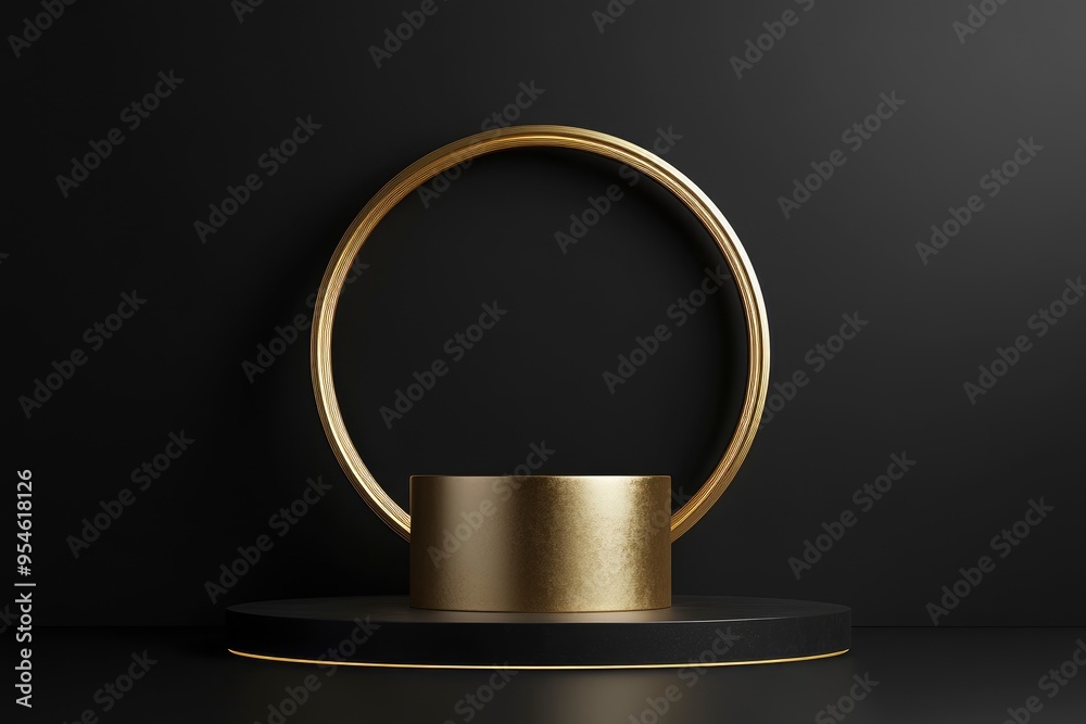 3D podium background. golden cylinder pedestal with golden ring on black wall scene. Black friday. Platforms mockup product display presentation. with generative ai 3D podium background. golden cylinder pedestal with golden ring on black wall scene. Black friday. Platforms mockup product display presentation. with generative ai