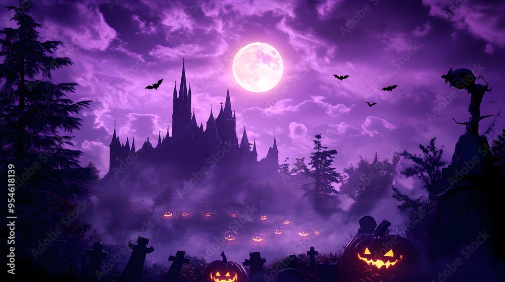 Haunted Graveyard with Full Moon and Gothic Castle, Ideal for Halloween Dark Theme Wallpaper Haunted Graveyard with Full Moon and Gothic Castle, Ideal for Halloween Dark Theme Wallpaper