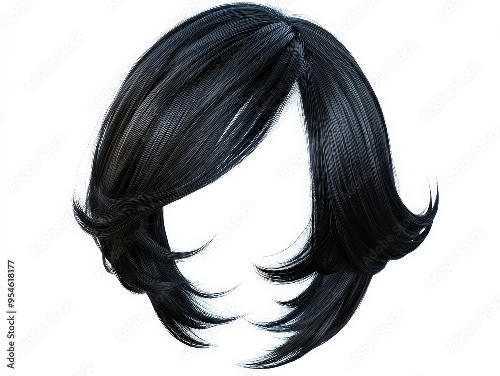 Feathered Layers Obsidian Black Wig Isolated On White Background, Ideal For Modern Hair Trends, Youthful Fashion Editorials, And Hair Volume Product Advertisements . Generative ai Feathered Layers Obsidian Black Wig Isolated On White Background, Ideal For Modern Hair Trends, Youthful Fashion Editorials, And Hair Volume Product Advertisements . Generative ai