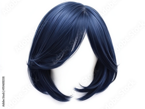 Layered Bob With Ahoge Dark Blue Wig On White Background, Great For Schoolgirl Styles, Teen Avatars, And Trendy Cosplay Looks . Generative ai