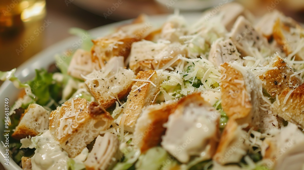 Delicious caesar salad topped with bread and chicken cheese vinaigrette Delicious caesar salad topped with bread and chicken cheese vinaigrette