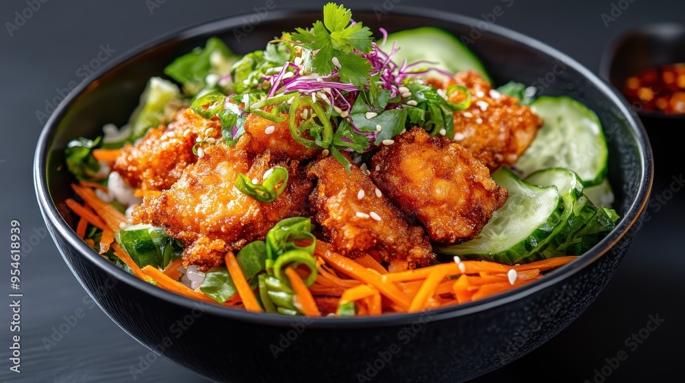Delicious bowl of crispy chicken topped with fresh vegetables and herbs, garnished for a vibrant and appetizing presentation.