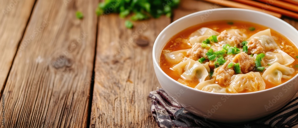 Delicious bowl of dumpling soup garnished with green herbs, perfect for a cozy meal on a wooden table. Delicious bowl of dumpling soup garnished with green herbs, perfect for a cozy meal on a wooden table.