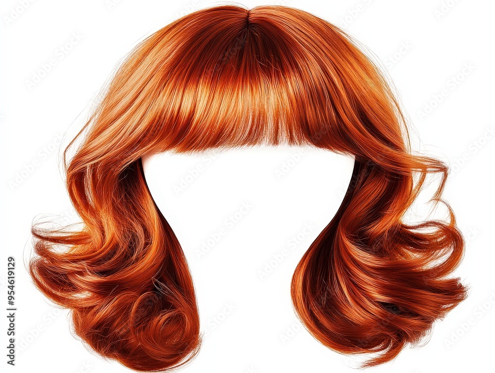 Fototapeta premium Shaggy Cut With Bangs Copper Red Wig Isolated On White Background, Ideal For Retro Hair Styles, Vintage Fashion Editorials, And Textured Hair Product Advertisements . Generative ai