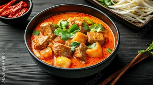 Delicious bowl of savory meat stew with vegetables, garnished with fresh herbs, perfect for a flavorful meal.