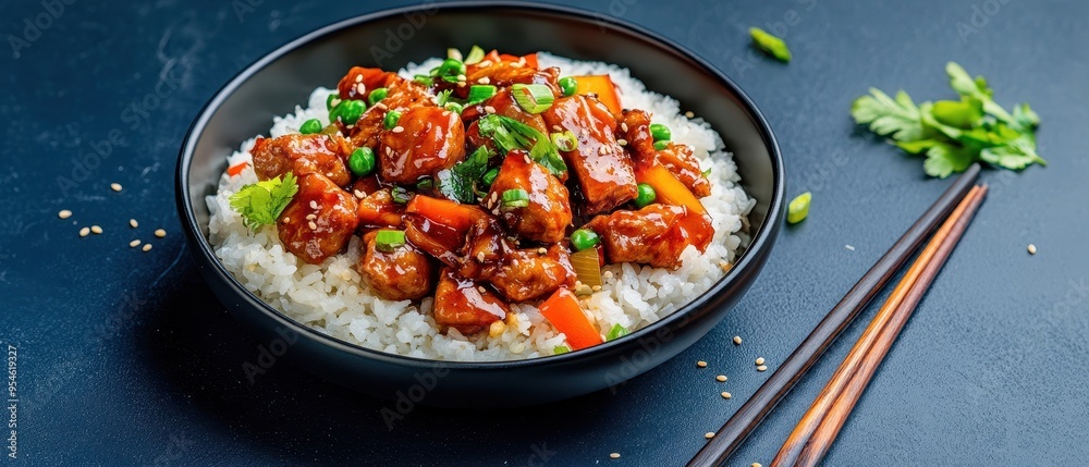 Delicious chicken stir fry served over fluffy rice, garnished with fresh vegetables and herbs, perfect for a flavorful meal. Delicious chicken stir fry served over fluffy rice, garnished with fresh vegetables and herbs, perfect for a flavorful meal.