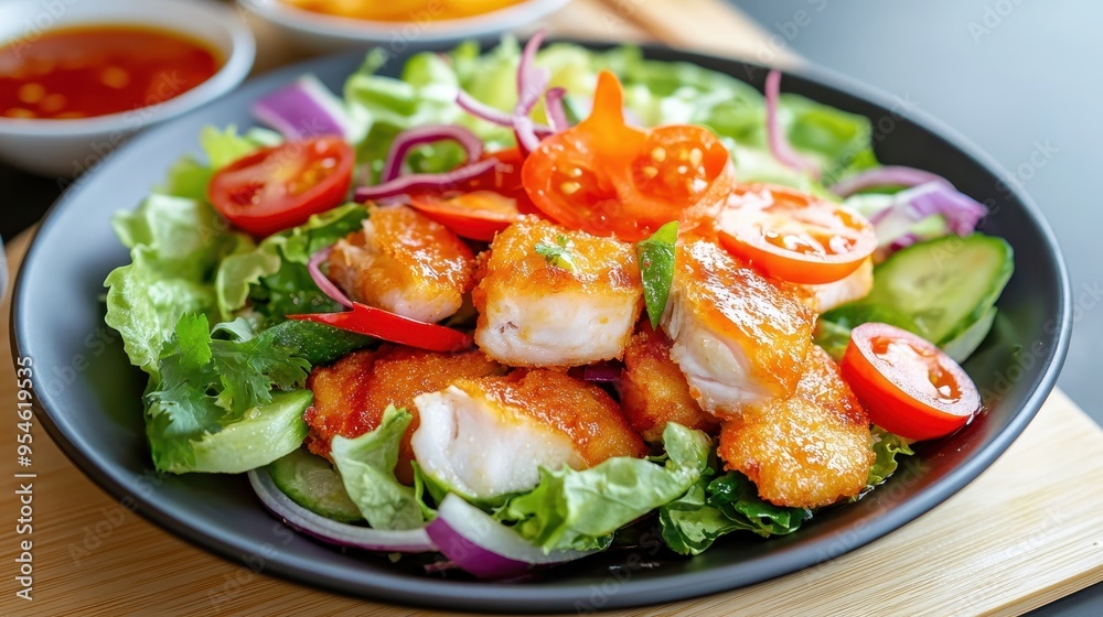 Delicious crispy fish salad garnished with fresh vegetables, cherry tomatoes, and vibrant herbs on a stylish plate. Delicious crispy fish salad garnished with fresh vegetables, cherry tomatoes, and vibrant herbs on a stylish plate.