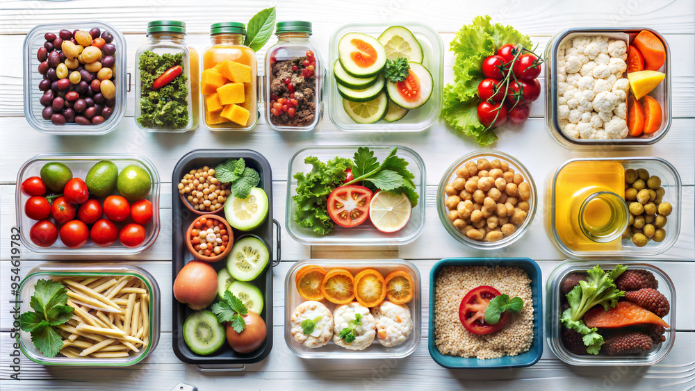 Healthy meal prep with colorful fruits and vegetables in containers on a white table for food photography
Healthy meal prep with colorful fruits and vegetables in containers on a white table for food photography