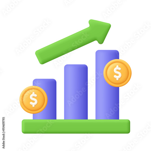 Financial growth chart with coins. Chart with bars and green rising arrow. Finance, capital and money increase concept. 3d vector icon. Cartoon minimal style.