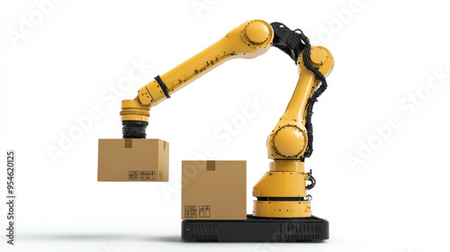 Industrial robotic arm with a vacuum grip for lifting heavy boxes, isolated on a white background. 