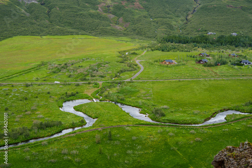 Scenic rural landscape with winding river in Iceland