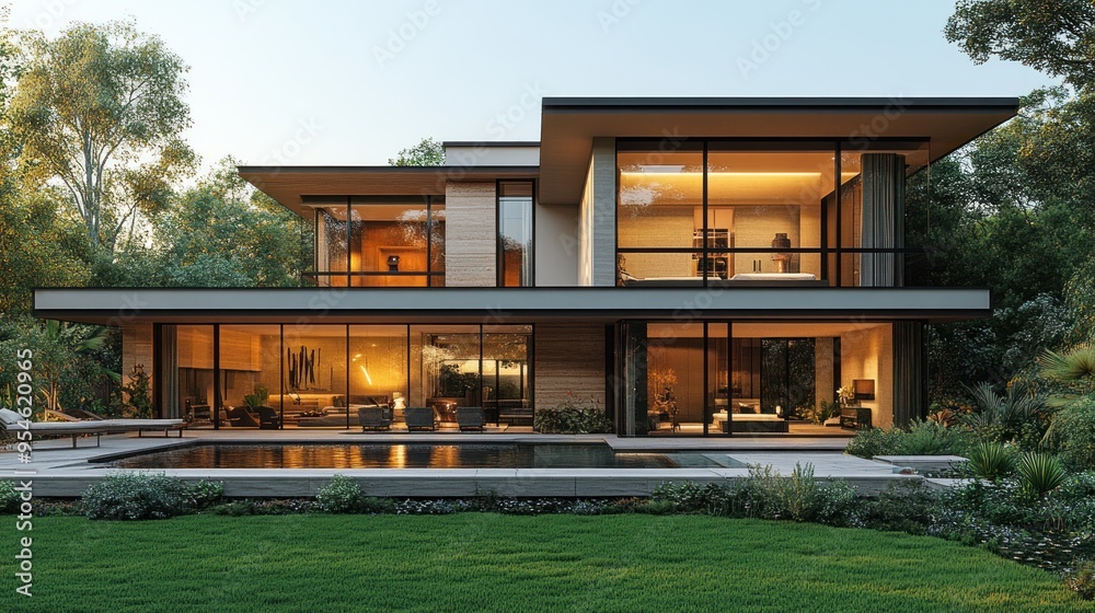 Modern house with large windows and a serene outdoor pool area. Modern house with large windows and a serene outdoor pool area.