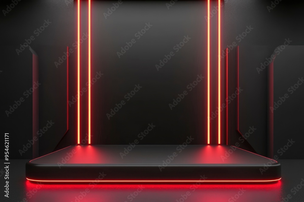 3D rendered black product stand with red neon lights with generative ai 3D rendered black product stand with red neon lights with generative ai