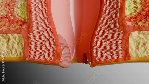 internal and external hemorrhoids piles, Human Anatomy Cross section, fistula, fissure, Virus infection in anal canal or lower rectum, treatment and prevention concept, external thrombosis, 3d render