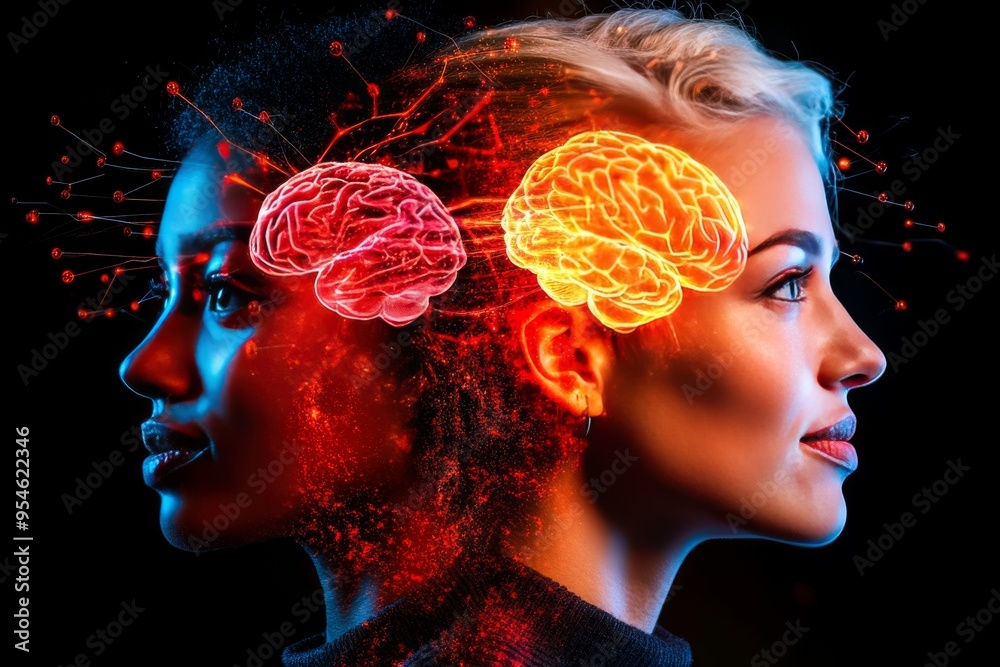 Autonomous Social cognition Dual faced profile with contrasting glowing brains symbolizing the dynamic interaction between rational and emotional thought processes Autonomous Social cognition Dual faced profile with contrasting glowing brains symbolizing the dynamic interaction between rational and emotional thought processes