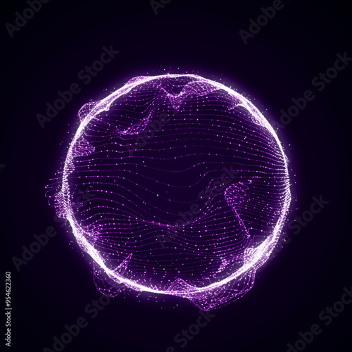Spherical equalizer for music. Round sound wave of particles. Musical abstract purple background. 3D rendering.	
