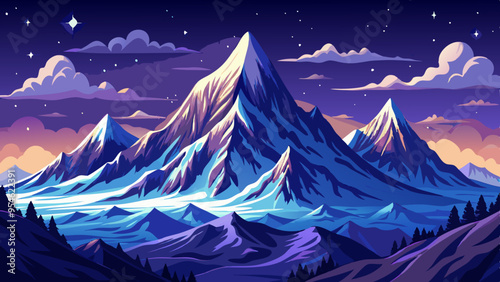 Snowy mountain peaks in a starry night sky, with clouds obscuring the lower parts of the mountains