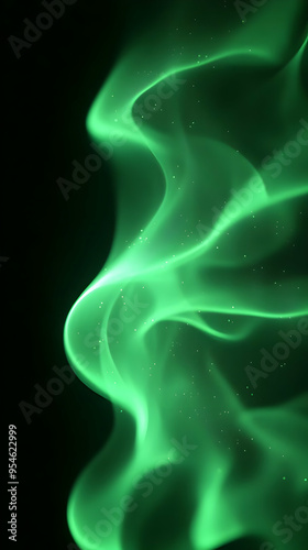 Abstract green wave with glowing particles on a black background.