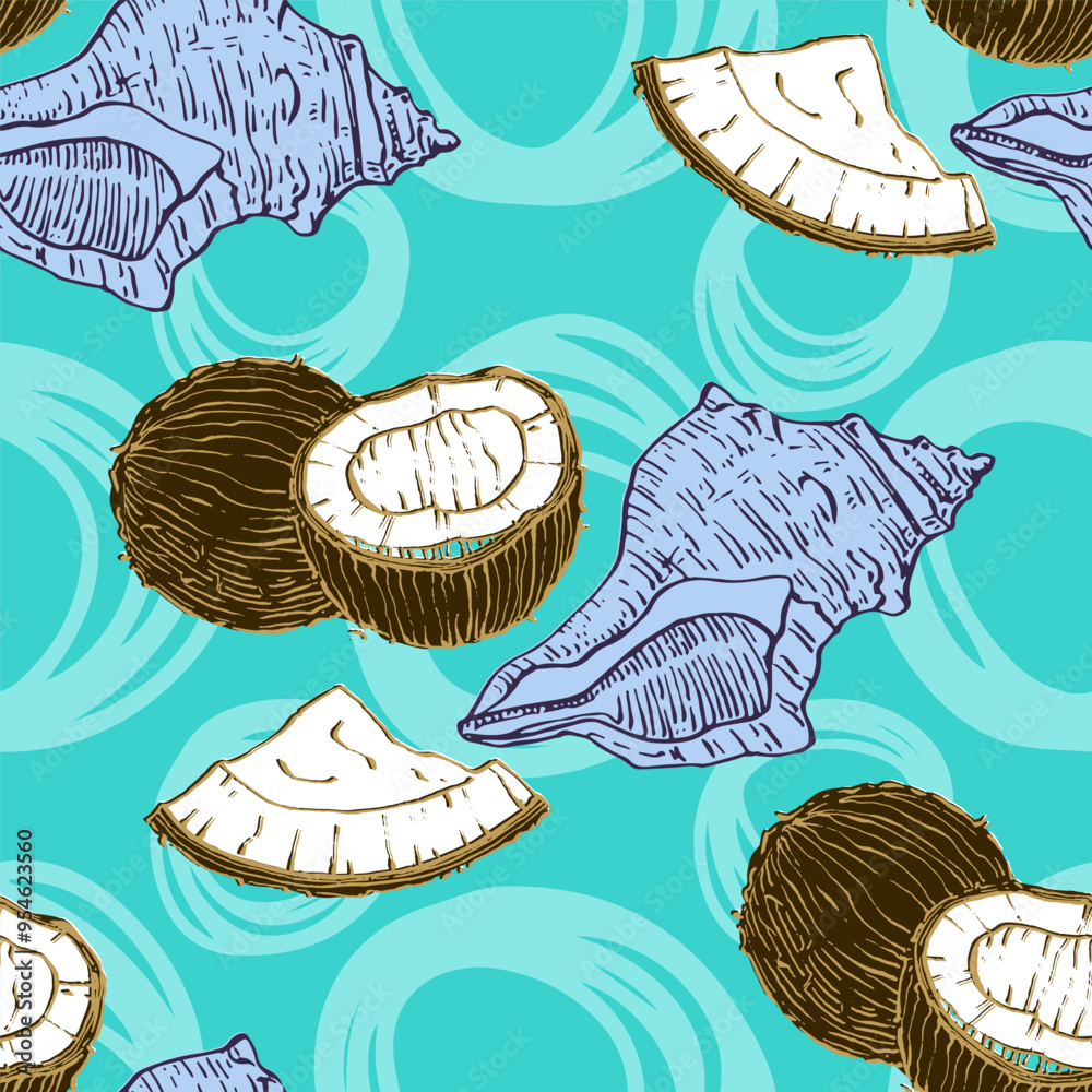 Coconuts and shells Elegant seamless pattern hand drawn. A contemporary collage with simple shapes. Modern exotic design for paper, cover, fabric, wallpaper, interior. Vector graphics. Coconuts and shells Elegant seamless pattern hand drawn. A contemporary collage with simple shapes. Modern exotic design for paper, cover, fabric, wallpaper, interior. Vector graphics.