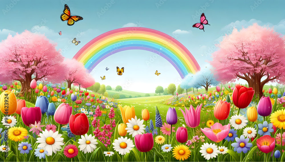Illustration of a flower meadow in spring. Illustration of a flower meadow in spring.