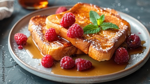 Close up of french toast with syrup. A delicious photo of french toast for menus or recipe blogs.