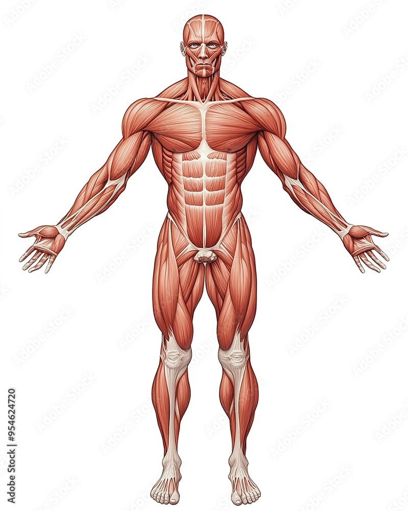 An illustration of the human body with muscles showing, viewed from above in full length against a white background. An illustration of the human body with muscles showing, viewed from above in full length against a white background.