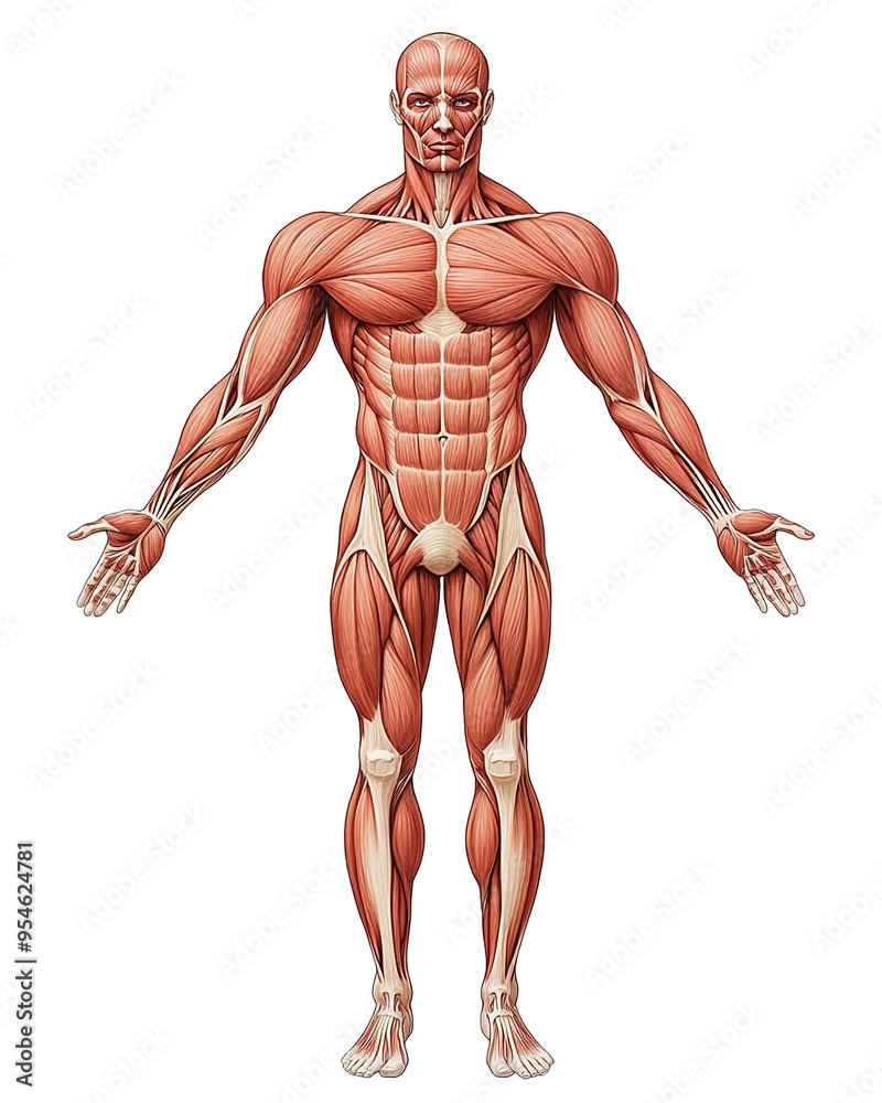 An illustration of the human body with muscles showing, viewed from above in full length against a white background. An illustration of the human body with muscles showing, viewed from above in full length against a white background.