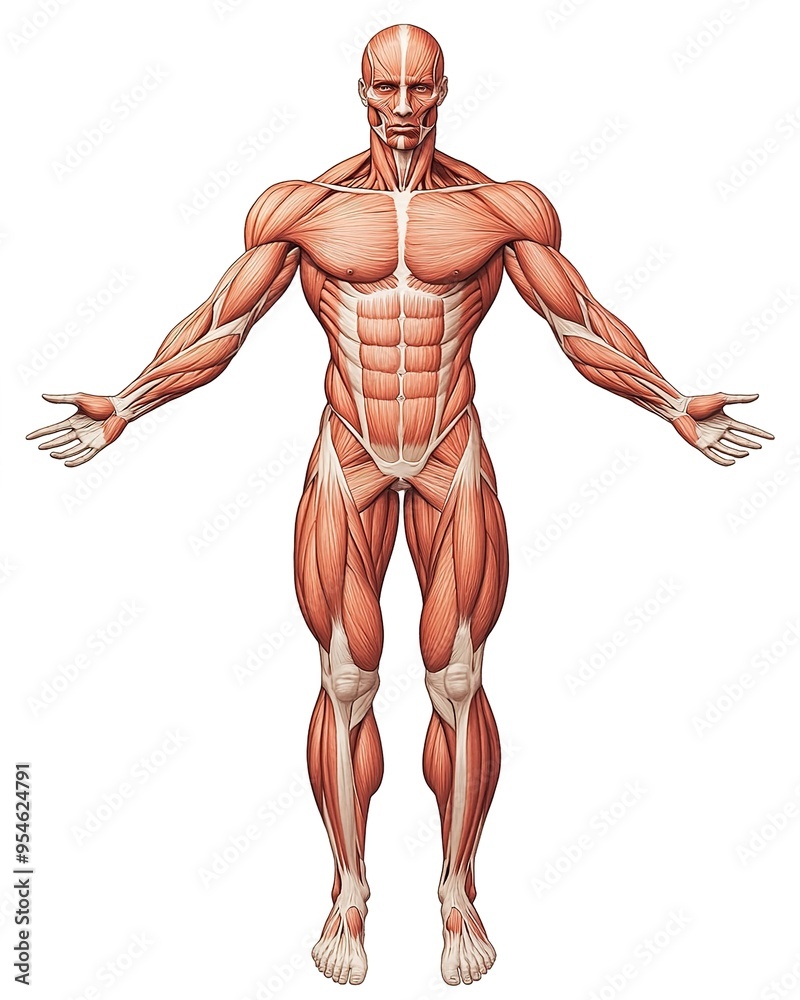 An illustration of the human body with muscles showing, viewed from above in full length against a white background. An illustration of the human body with muscles showing, viewed from above in full length against a white background.
