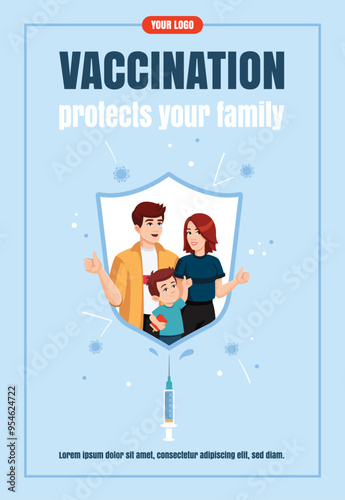 Vaccinated family is protected from infection by an immunity shield. Power of vaccination concept Flyer design, banner, promo, advertising, leaflet. Vector illustration in flat style.
