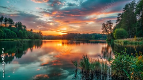 Beautiful sunset on the river with vibrant colors reflecting in the water