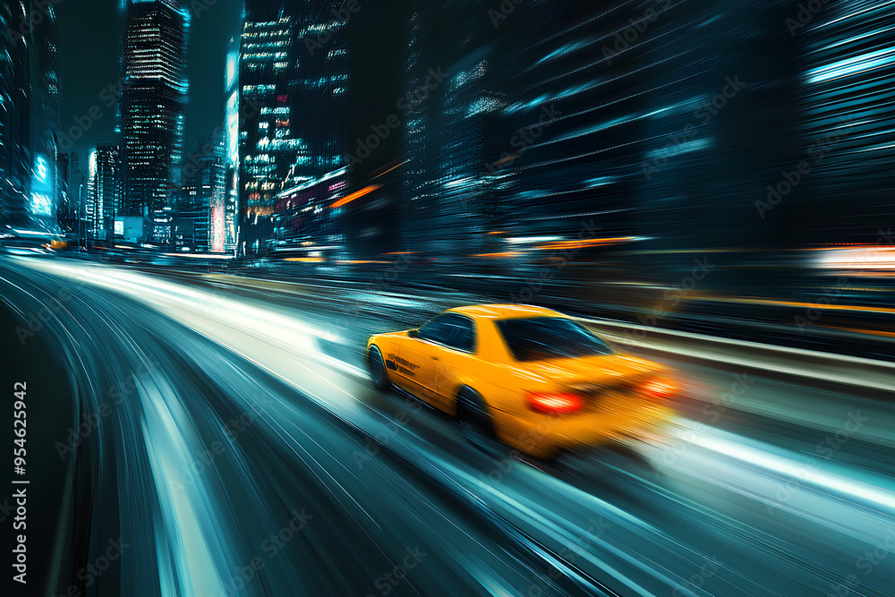 yellow car at high speed along a highway, cyberpunk city, A futuristic yellow sports car driving through a city street, 3d rendering AI generative yellow car at high speed along a highway, cyberpunk city, A futuristic yellow sports car driving through a city street, 3d rendering AI generative