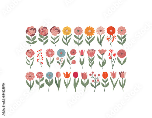 set of flowers and floral elements vector illustration includes various flowers 
