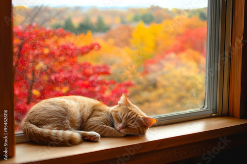 A peaceful orange cat sleeps on a windowsill, framed by vibrant autumn foliage outside.