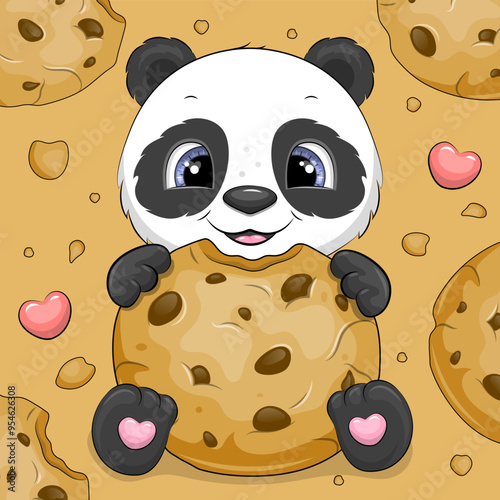 Cute cartoon panda holding chocolate chip cookies. Vector illustration of an animal with food.