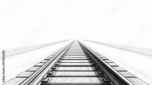 A striking image of long, straight railway lines extending into the distance, creating a strong sense of perspective.