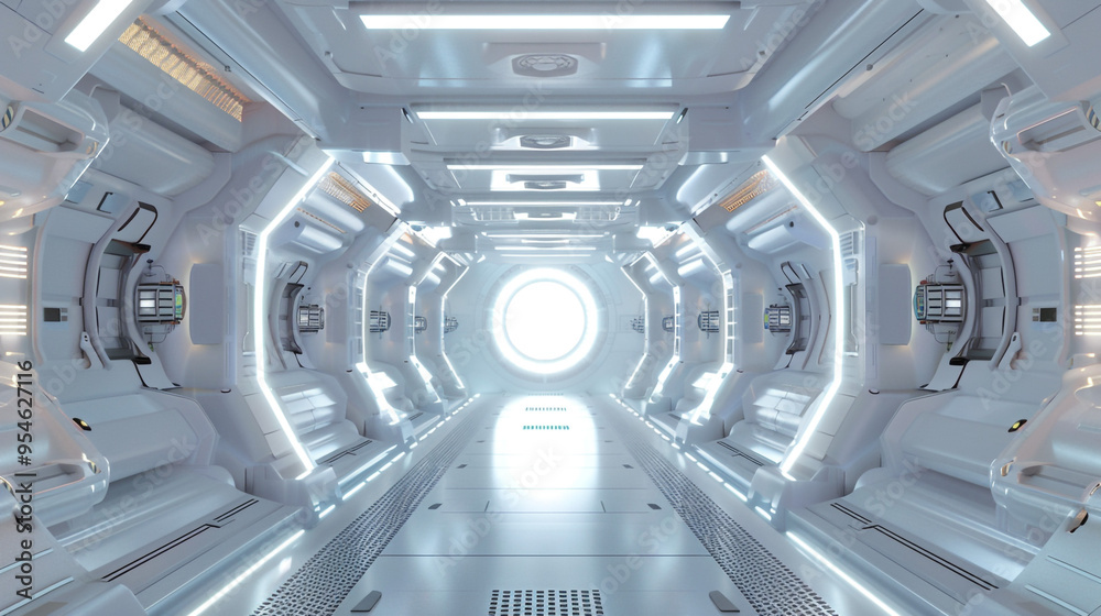 Futuristic Space Corridor with Bright Exit. A sleek, metallic corridor featuring hexagonal designs and bright, illuminated pathways leading to a glowing exit. Futuristic Space Corridor with Bright Exit. A sleek, metallic corridor featuring hexagonal designs and bright, illuminated pathways leading to a glowing exit.