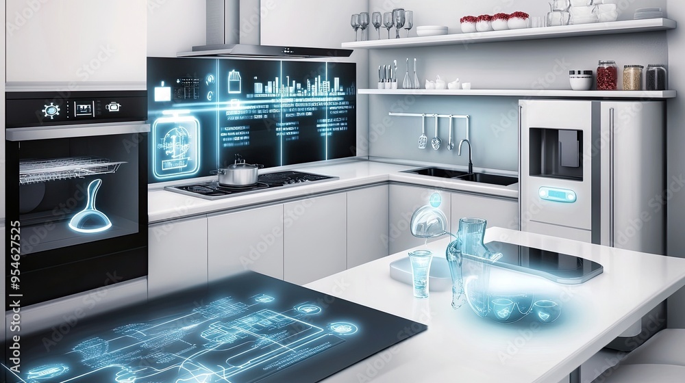 Smart Kitchen with Advanced Appliances Featuring Digital Display Screens, Illustrating the Future of Home Automation and AI-Driven Convenience Smart Kitchen with Advanced Appliances Featuring Digital Display Screens, Illustrating the Future of Home Automation and AI-Driven Convenience