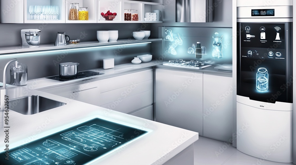 Smart Kitchen with Advanced Appliances Featuring Digital Display Screens, Illustrating the Future of Home Automation and AI-Driven Convenience Smart Kitchen with Advanced Appliances Featuring Digital Display Screens, Illustrating the Future of Home Automation and AI-Driven Convenience