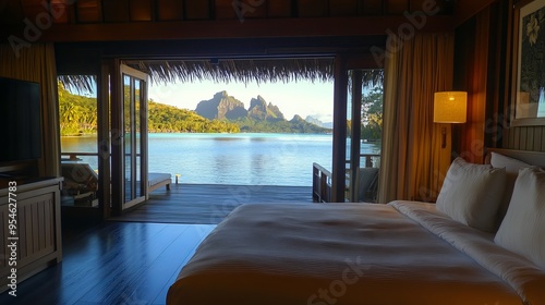 A breathtaking view of the Bora Bora lagoon in Tahiti, featuring the iconic Mount Otemanu in the background.