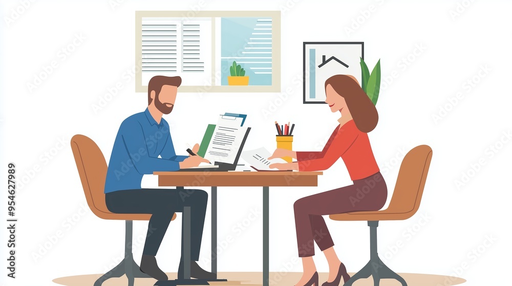 Two professionals discussing document details at a desk in a bright office during daytime Two professionals discussing document details at a desk in a bright office during daytime