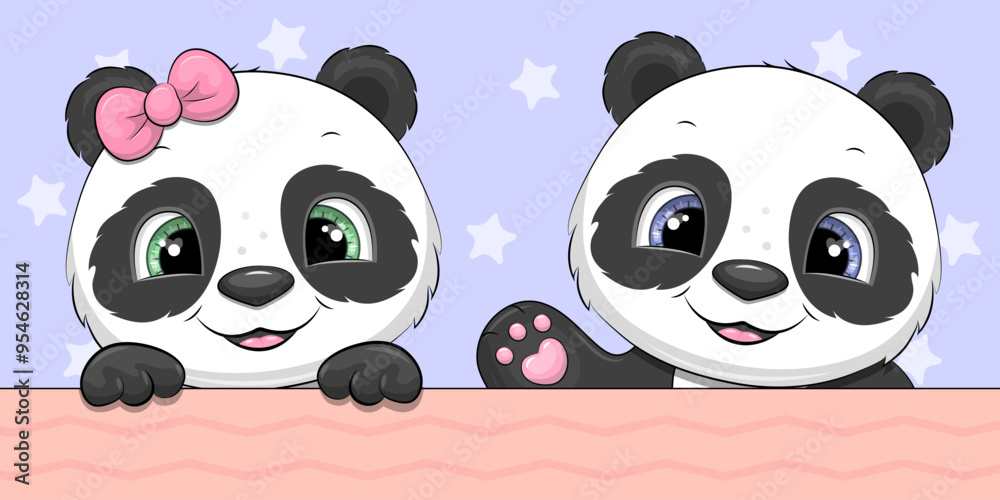 Obraz premium Cute cartoon panda couple. Vector illustration of animals on blue background.