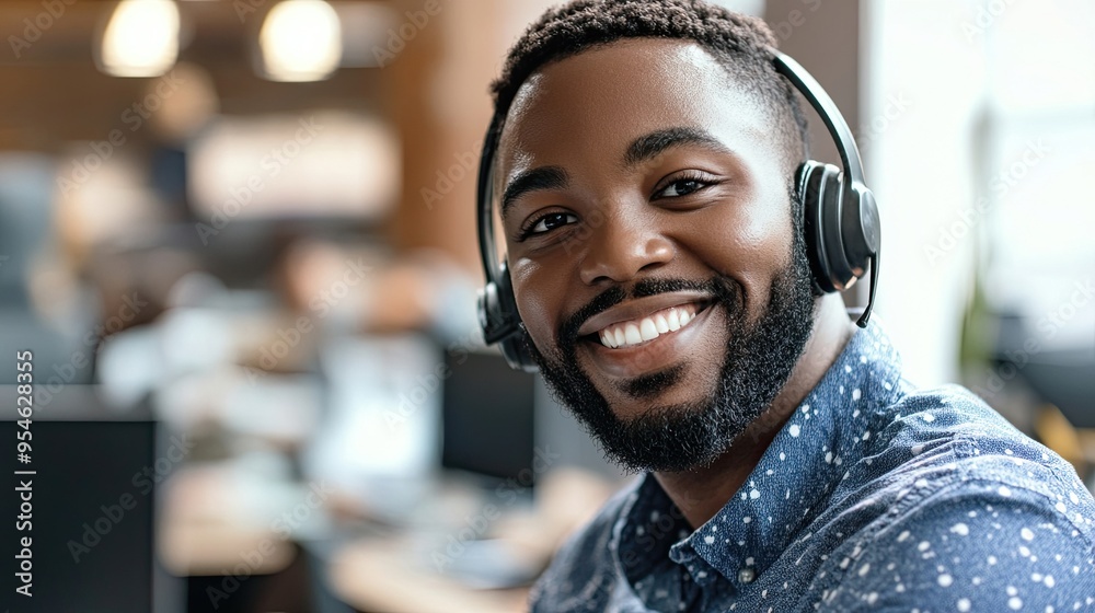 Smiling African American customer service representative working with a headset in an office environment Smiling African American customer service representative working with a headset in an office environment