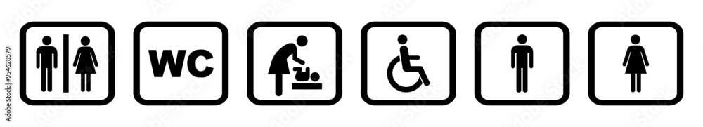 Toilet icons set, man and woman symbol, toilet signs, WC toilet signs, vector illustration Toilet icons set, man and woman symbol, toilet signs, WC toilet signs, vector illustration
