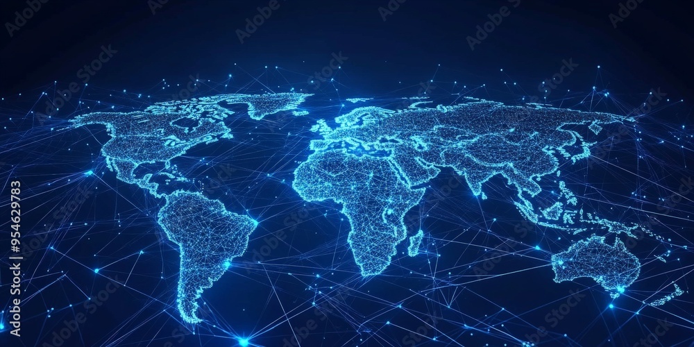 Digital Global Network Map in Cool Blue Tones Digital Global Network Map in Cool Blue Tones