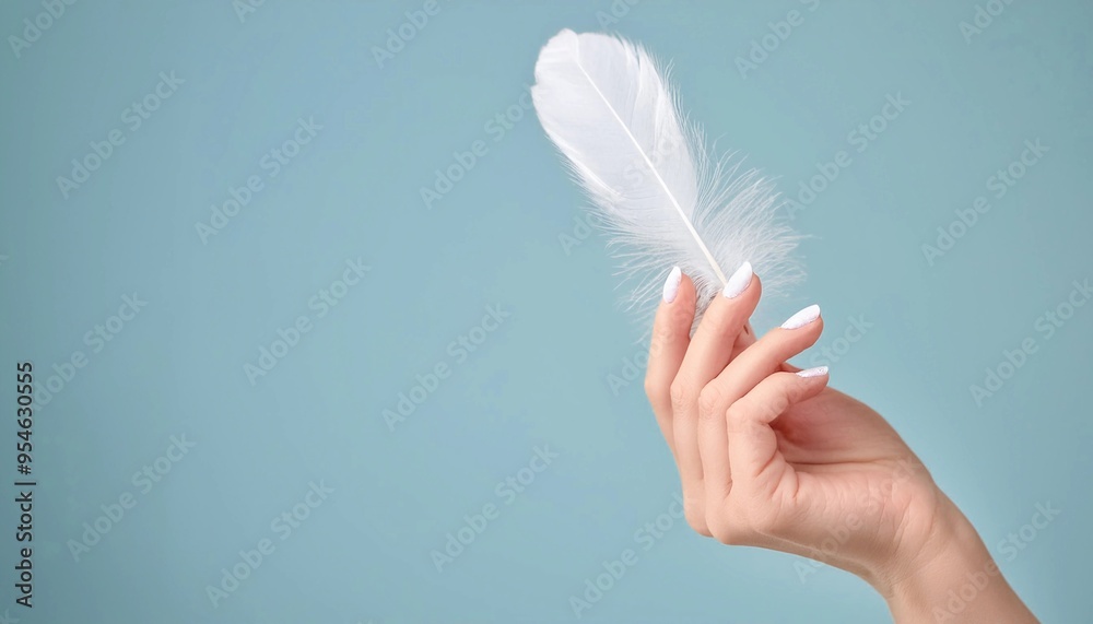 Fototapeta premium 手 羽毛 ソフト 白 美しさ 優しさ ナチュラル 青背景 エレガント フェザー クリーン 爽やか 繊細 リラックス クローズアップ シンプル マニキュア ネイルアート 女性的 癒し