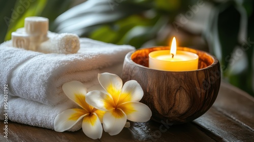 Spa Treatment with Candle, Towels and Flowers