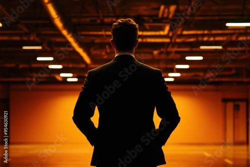 Rear view of a man in a suit standing in a dimly lit industrial space with an orange glow, creating a dramatic and mysterious atmosphere. photo